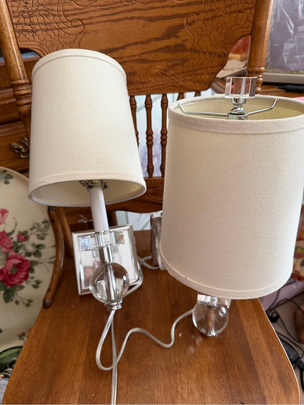 Pair of Cream Fabric Wall Lamps with Clear Glass Accents